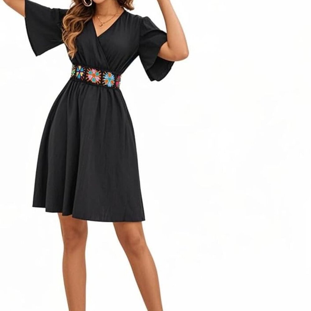 Women's Linen V-Neck Flutter Sleeve Wrap Dress Casual Beach Holiday - Picture 6 of 8